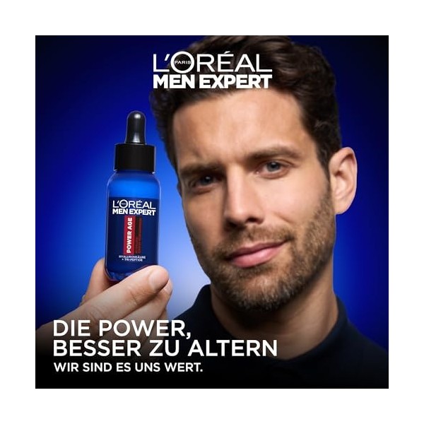 LOréal Men Expert Sérum visage anti-rides pour hommes, soin hydratant anti-âge pour peaux fatiguées et mates, sérum homme ha