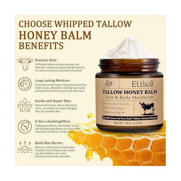 Crème Fouettée au Tallow pour le Visage & le Corps - Hydratation Profonde, Nourriture Naturelle avec du Tallow de Bœuf Élevé ...