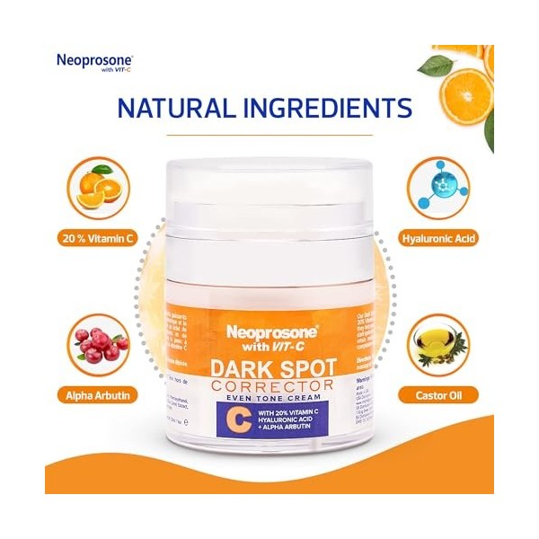 Neoprosone 20% Vitamin C Dark Spot Corrector Cream - 1 Fl oz / 30ml - Skin Brightening Gel Cream for Sun Spots, with Hyaluron