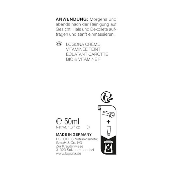 LOGONA Naturkosmetik NOURISH Crème vitaminée pour le teint éclatant - 50 ml - Glow naturel - Crème pour le visage avec carott