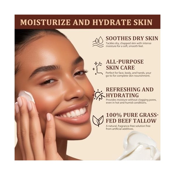 Beef Tallow, Suif de Bœuf Bio pour la Peau - Crème Hydratante Intense Visage & Corps - 100% Naturel, Sans Parfum, Adapté à To