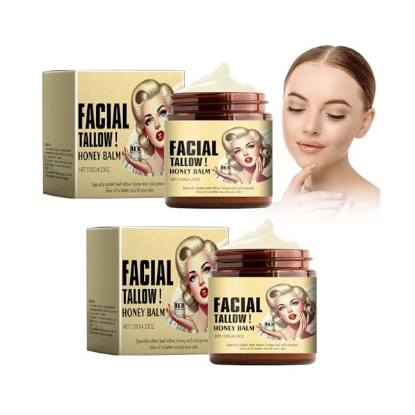 2 Pièces Beef Tallow Crème pour soin de la peau, Hydratant Au Suif de Bœuf Au Miel, 100% Grass Fed Tallow Raw Wild Honey, Hyd