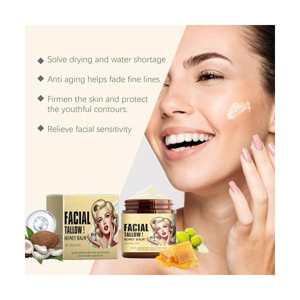 2 Pièces Beef Tallow Crème pour soin de la peau, Hydratant Au Suif de Bœuf Au Miel, 100% Grass Fed Tallow Raw Wild Honey, Hyd