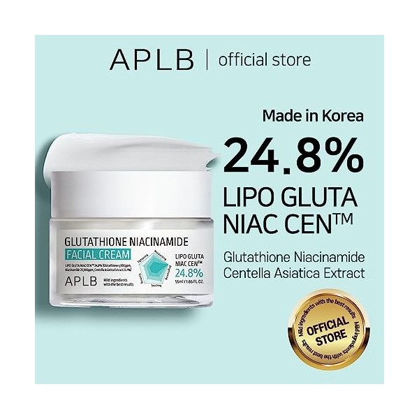 APLB Crème visage au glutathion et niacinamide | Niac CEN™ Lipo Gluta 24,8% 1,86 FL.OZ/Soin de la peau coréen, hydratation pr