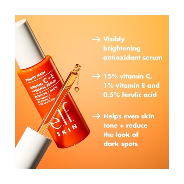 e.l.f. SKIN Bright Icon Vitamin C + E + Ferulic Serum Mini, sérum illuminateur et apaisant pour le visage, aide à unifier le ...