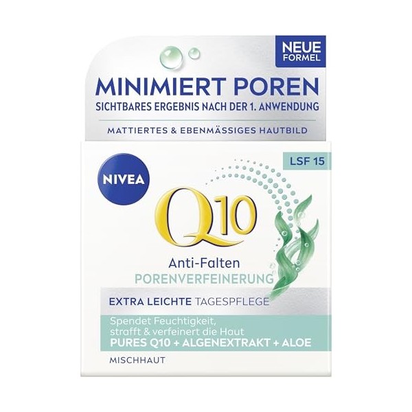 NIVEA Q10 Crème de jour anti-rides extra légère avec SPF 15, soin du visage pour peaux mixtes avec Q10, extrait dalgues et a