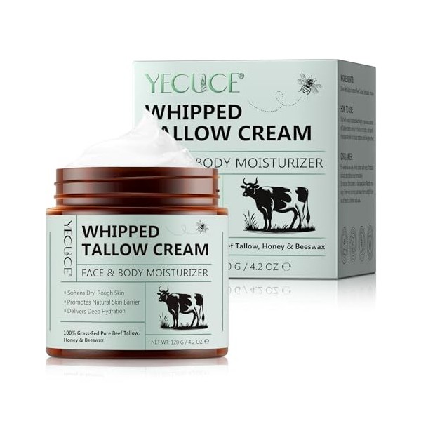 Beef Tallow Cream 120g, Le Suif De BœUf Nourri à LHerbe, Le Miel Et La Cire DAbeille Rendent La Peau Douce Et Hydratante Cr