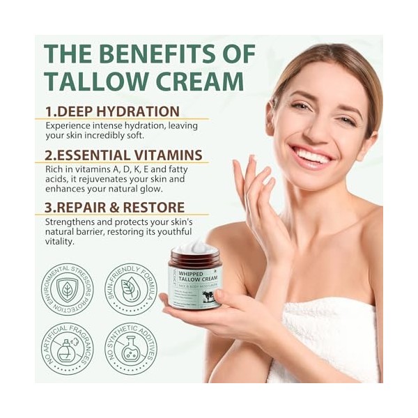 Beef Tallow Cream 120g, Le Suif De BœUf Nourri à LHerbe, Le Miel Et La Cire DAbeille Rendent La Peau Douce Et Hydratante Cr