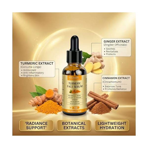 Turmeric Face Serum with Hyaluronic & Ginger | Brightening, Anti-Aging & Hydrating Facial Serum | Fades Dark Spots, Improves