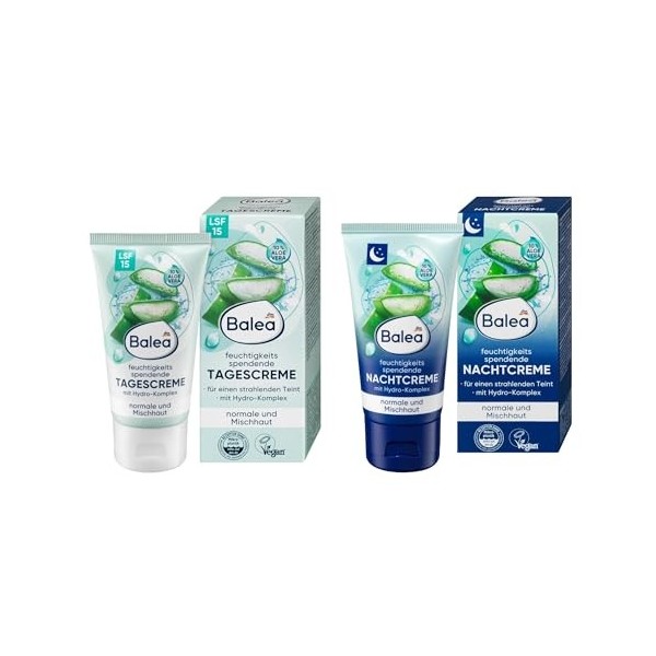 Balea Lot de 2 crèmes de jour et de nuit pour peaux normales et mixtes avec 10 % daloe vera hydratante avec hydrocomplexe po