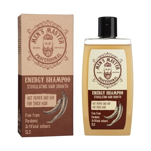 Mens Master Shampooing Stimulant pour Hommes | Enrichi en Piment Rouge,Caféine et Houblon | Stimulant Capillaire | Shampooin