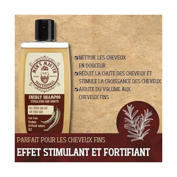 Mens Master Shampooing Stimulant pour Hommes | Enrichi en Piment Rouge,Caféine et Houblon | Stimulant Capillaire | Shampooin