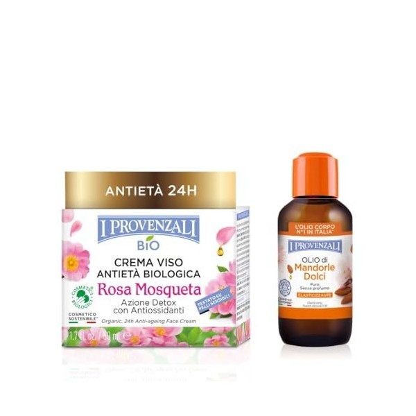 I Provenzali Bipack Crème Visage Antiâge Bio Rose Mosqueta 50 ml et Huile damande Douce Élastique 55 ml