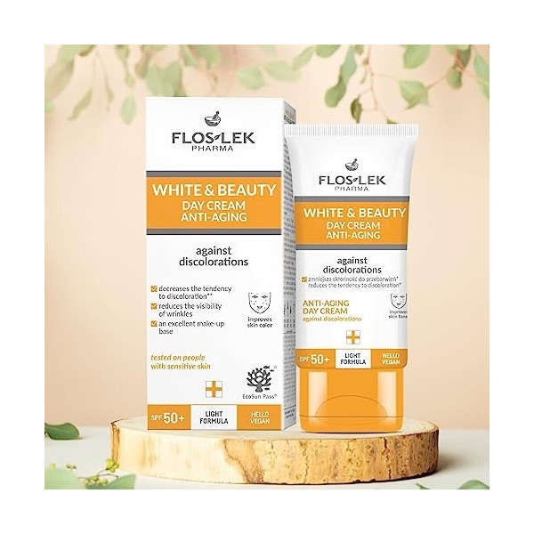 FLOSLEK White & Beauty Crème de jour anti-âge contre les taches pigmentaires SPF 50+ | Crème pour le visage avec facteur de p