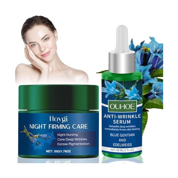 Soin de nuit bio raffermissant - Gentiane bleue et edelweiss - Cosmétique naturel - Crème anti-âge pour le visage et sérum po