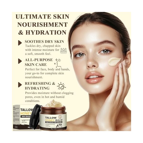 Beef Tallow Cream, Soins de la Peau au Suif de Bœuf - Beef Tallow Bio 100% Nourri à lherbe, Crème de Suif de Bœuf pour Le Co