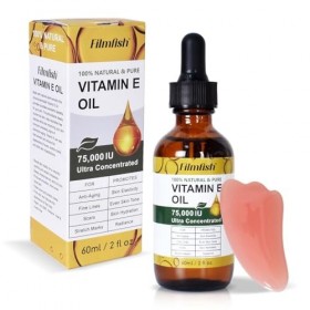 Huile de Vitamine E Bio 75 000 UI + Outil de Massage Gua Sha Visage à lAction Antioxydante, Hydratant,Réducteur de Cicatrice