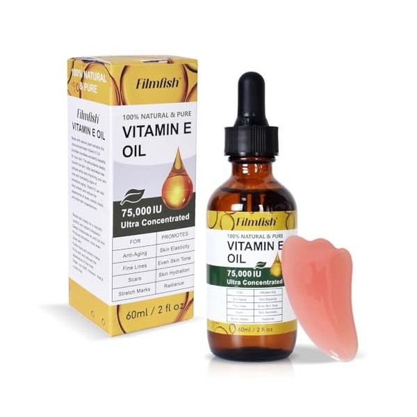 Huile de Vitamine E Bio 75 000 UI + Outil de Massage Gua Sha Visage à lAction Antioxydante, Hydratant,Réducteur de Cicatrice
