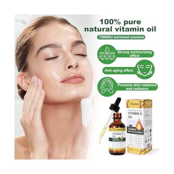Huile de Vitamine E Bio 75 000 UI + Outil de Massage Gua Sha Visage à lAction Antioxydante, Hydratant,Réducteur de Cicatrice