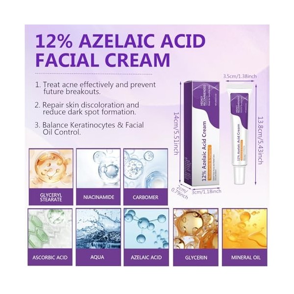 Lot de 2 Crèmes visage azélaïques, sérum éclaircissant à lacide azélaïque 12%, acide hyaluronique azélaïque avec niacinamide