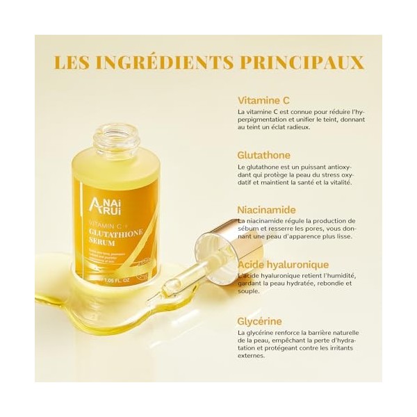 ANAiRUi Sérum glutathion pour le visage avec vitamine C à la niacinamide, hydrater, réduire les taches brunes, rétrécir les p