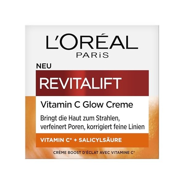 LOréal Paris Crème Glow pour femme : pour une peau éclatante, des pores affinés et des rides atténuées avec vitamine C et ac