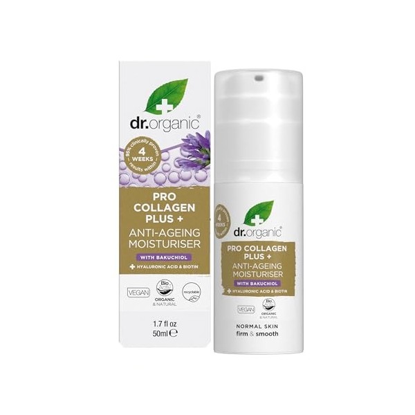 Dr Organic Pro Collagen Plus au Bakuchiol, Acide Hyaluronique, Biotine, Anti-Âge, Antirides, Vegan, Non testé sur les animaux