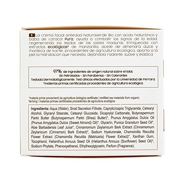 Naturaverde Crème Anti-âge Restitutive Avec Bave Escargot Pure - 100 Gr, 50 Millilitre