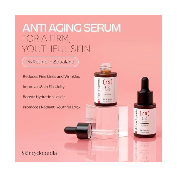 Skincyclopedia Sérum 1% rétinol avec acide hyaluronique, Matrixyl et squalane – Hydratant pour peaux grasses et à tendance ac