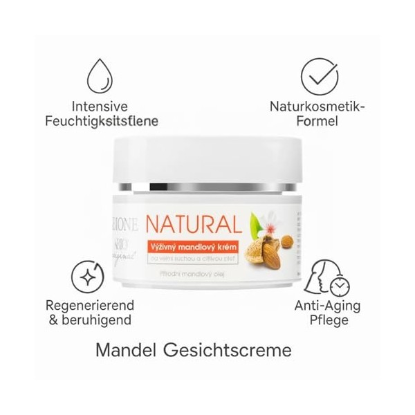 Bione Cosmetics - Crème pour le visage à lamande - 51 ml - Soin hydratant avec huile damande et vitamine E - Cosmétique nat