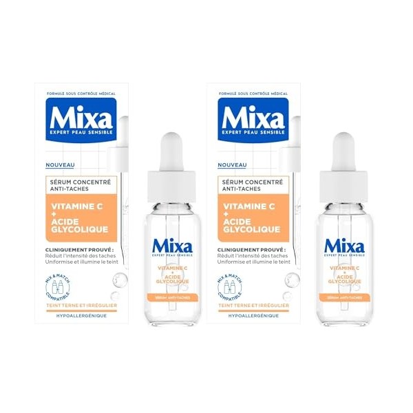 Mixa - Sérum Concentré Anti-Taches - Pour les Teints Ternes - Enrichi en Vitamine C et Acide Glycolique - 30 ml Lot de 2 Crè...