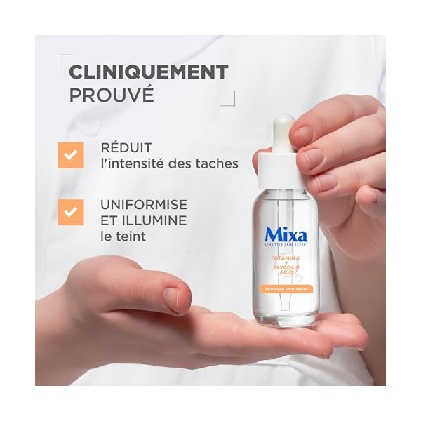 Mixa - Sérum Concentré Anti-Taches - Pour les Teints Ternes - Enrichi en Vitamine C et Acide Glycolique - 30 ml Lot de 2 Crè...