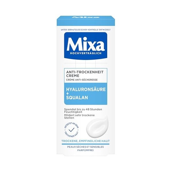 Mixa Crème anti-sécheresse pour le visage - Pour peaux sèches et sensibles - Avec acide hyaluronique et squalane - 50 ml
