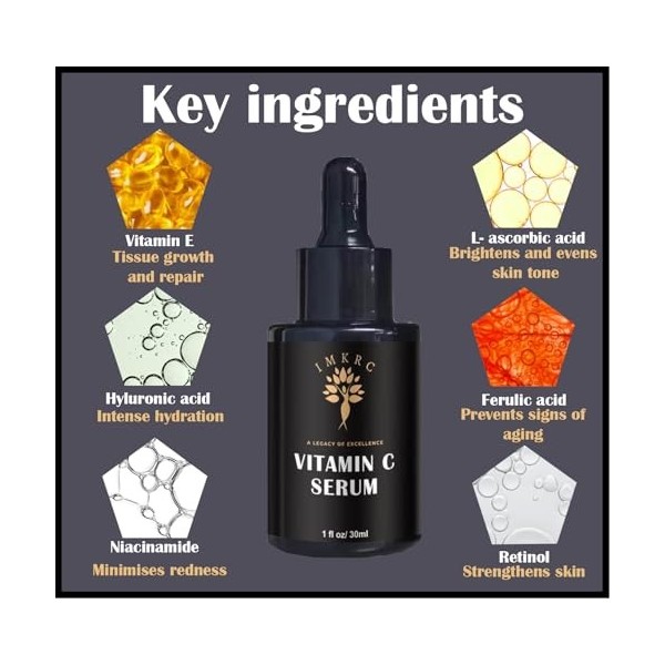 IMKRC Sérum de vitamine C, 20 % dacide L-ascorbique, avec acide hyaluronique, acide férulique, vitamine E, 30 ml
