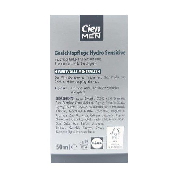 Cien Men Hydro Sensitive 24h Crème hydratante pour peaux sensibles avec complexe minéral pH neutre 50 ml