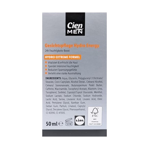 Cien Men Hydro Energy 24h Hydro Formula Crème hydratante avec complexe vitaminé rafraîchit la peau des hommes fatigués 50 ml