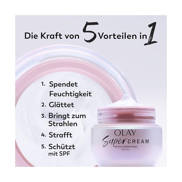 Olay Super Crème Hydratante Pour Le Visage Rechargeable Avec Protection UV SPF30, Hydratation Ultra Légère, 50 ml