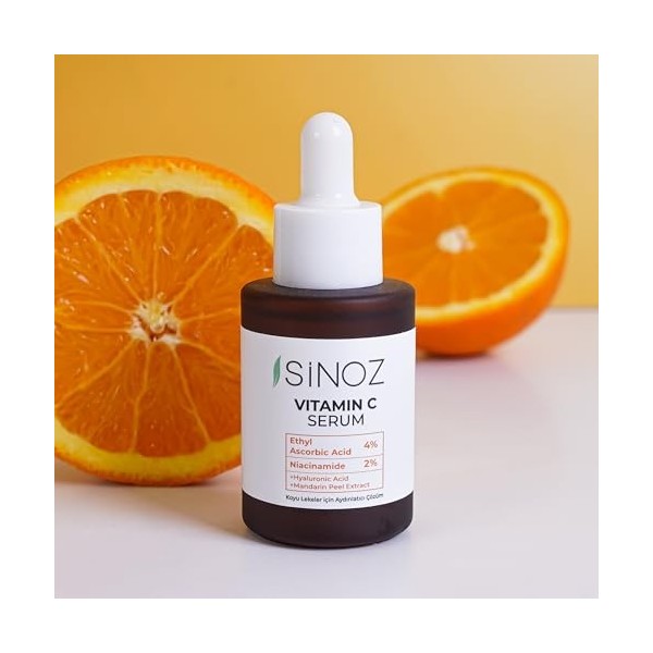 Sinoz Sérum Visage Vitamine C | 4% Vitamine C + 2% Niacinamide | Acide Hyaluronique & Vitamine E | Unifie le teint, Réduit ta