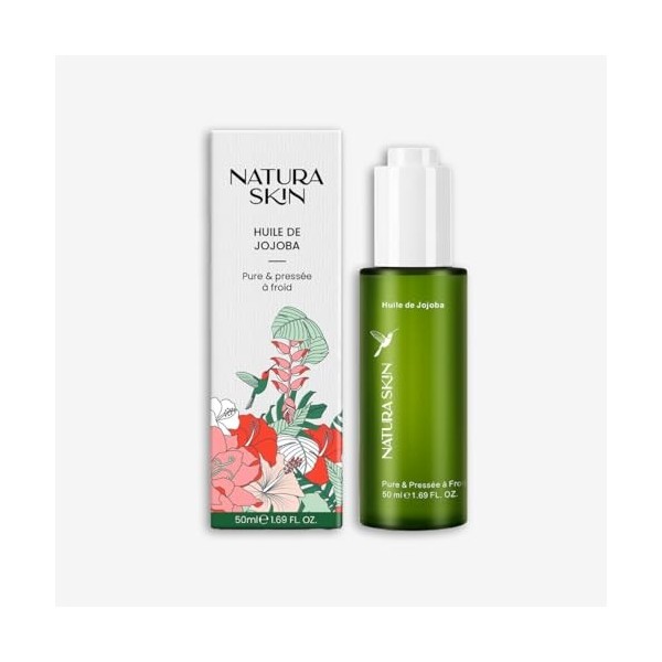 Natura Skin - Huile de Jojoba Premium - Huile Végétale Sèche le Visage Cheveux et la Barbe - Flacon en Verre avec une Pipette