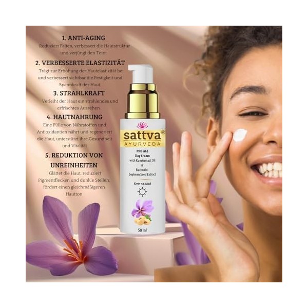 Sattva Crème pour le visage pour homme et femme - Crème anti-rides - Crème de jour pro-âge à lhuile de kumkumadi - Crème hyd