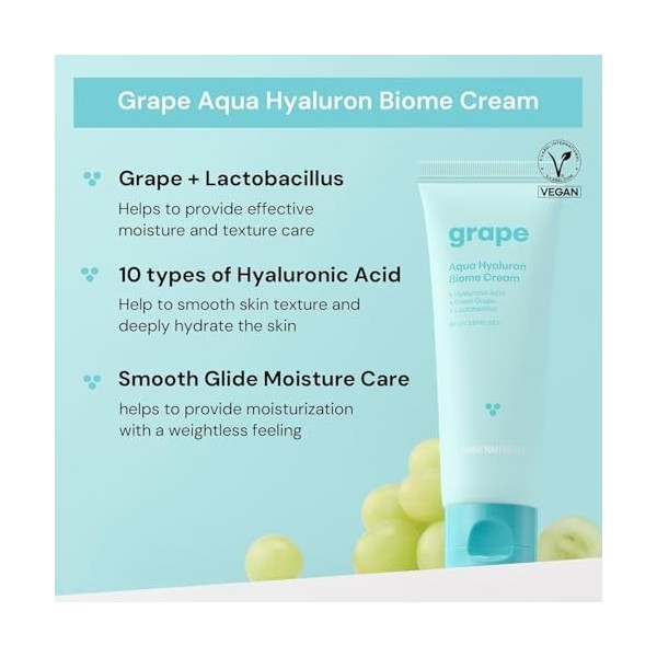 THANKYOU FARMER Grape Aqua Hyaluron Biome Cream 80ml - Acide hyaluronique, raisin vert, végétalien, testé dermatologiquement,