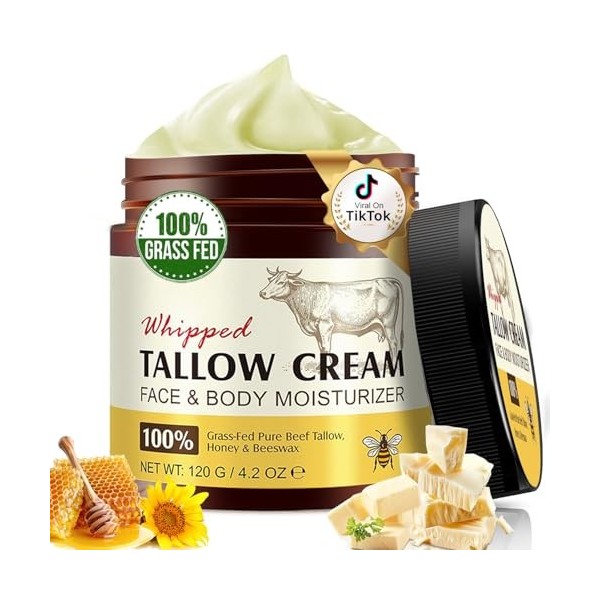 Beef Tallow Skin Care 120 g, Tallow and Honey Balm for Face & Body-100% Grass-Fed Beef Tallow, Deep Hydration & Nourish Whipp