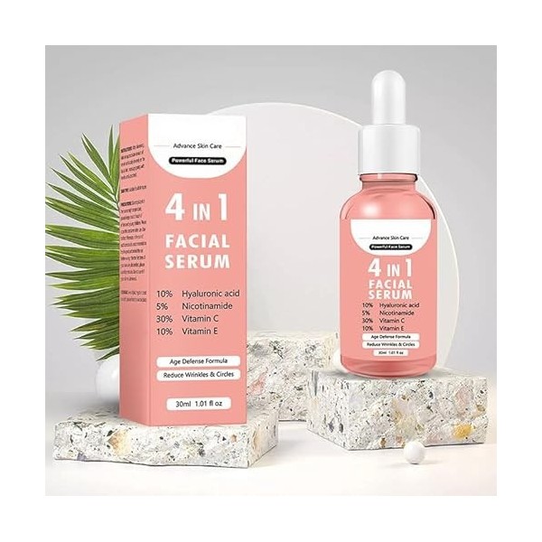 Sérum visage tout-en-un, une solution soin 4-en-1 : hydratation, éclat, réduction des rides et traitement des cernes. Formule