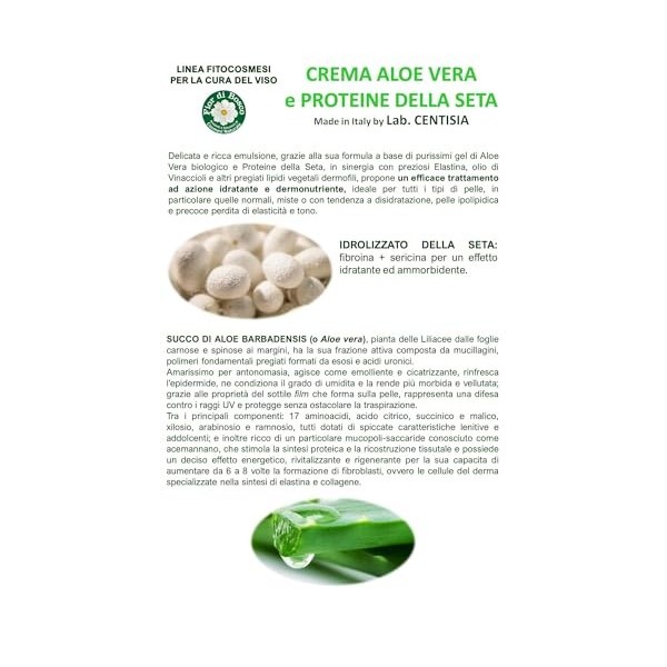 Centisia Crème Visage Hydratante Aloe et Soie 50ml | Crème 24h Jour et Nuit | Hydratant Naturel pour Peaux Normales et Mixtes
