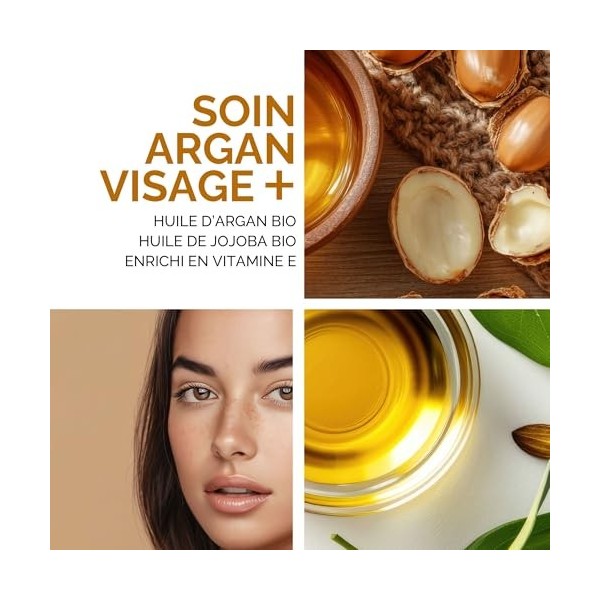Soin Argan Visage + | Huile d’Argan, Jojoba & Vitamine E | Hydratation, Éclat Naturel & Protection Anti-Âge – Soin Nourrissan