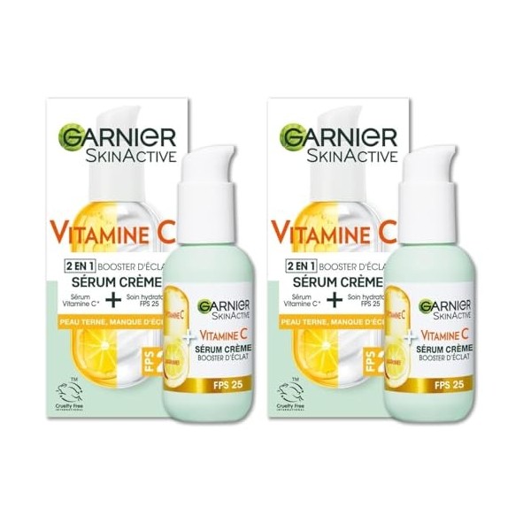 GARNIER Skin Active - Sérum Crème Booster DÉclat 2-En-1 - Hydratation 72h & Éclat - FPS 25 - Vitamine C & Agrumes - Vegan & ...