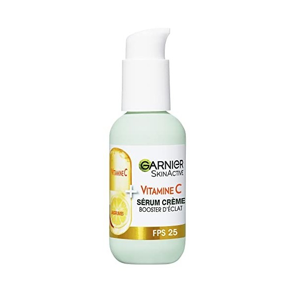 GARNIER Skin Active - Sérum Crème Booster DÉclat 2-En-1 - Hydratation 72h & Éclat - FPS 25 - Vitamine C & Agrumes - Vegan & ...