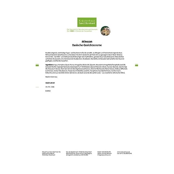 Sanct Bernhard Minesan Crème basique pour le visage à lhamamélis à la camomille mélisse à lhuile damande 100 ml