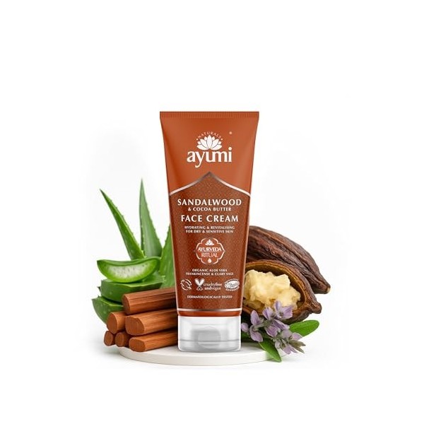 Ayumi Sandalwood & Cocoa Butter Face Cream, Vegan, Cruelty Free, Dermatologically Tested, 1 x 100ml