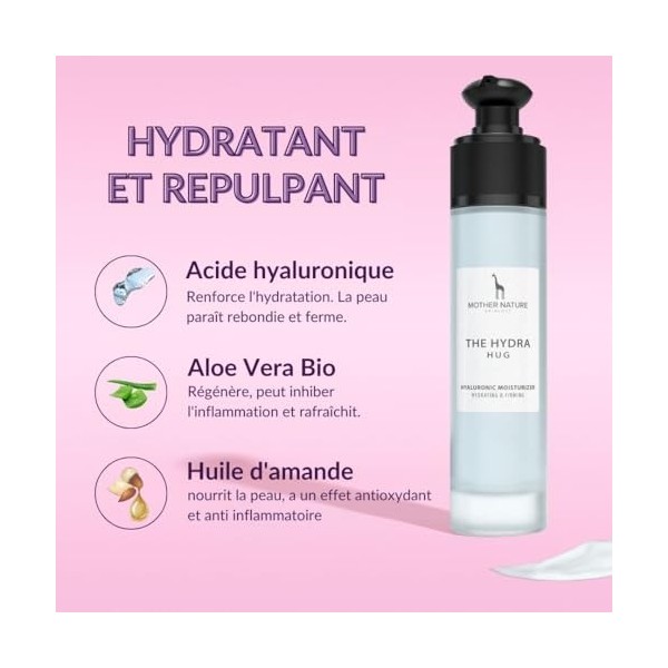 MOTHER NATURE Crème Hydratante à lAcide Hyaluronique et à lAloe Vera Bio et à lHuile de Jojoba & à lHuile dAmande Douce 